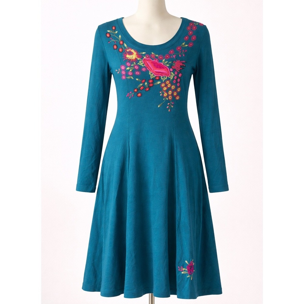 J Peterman 100% Cotton Teal Embroidered Midi‎ Dress SMALL Boho Floral Girly